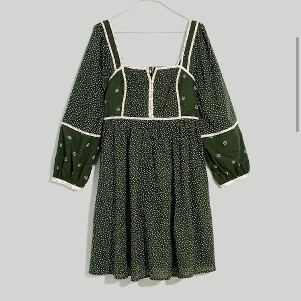 Madewell Mix Square-neck Green Quilted Floral Spring Prairie Mini Dress Size 2 - Picture 2 of 12